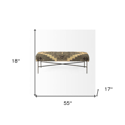 55" Green and Brown and Black Upholstered Cotton Blend Abstract Bench