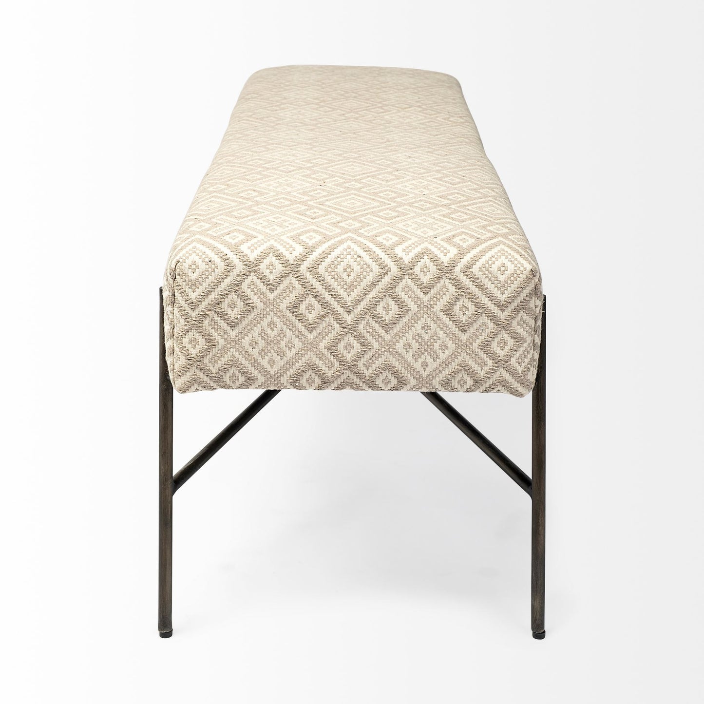 17" Cream and Black Upholstered Cotton Blend Geometric Bench