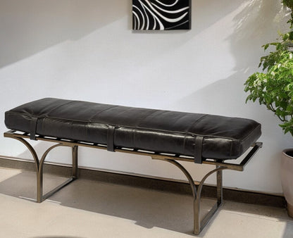 16" Black And Antiqued Brass Upholstered Genuine Leather Bench