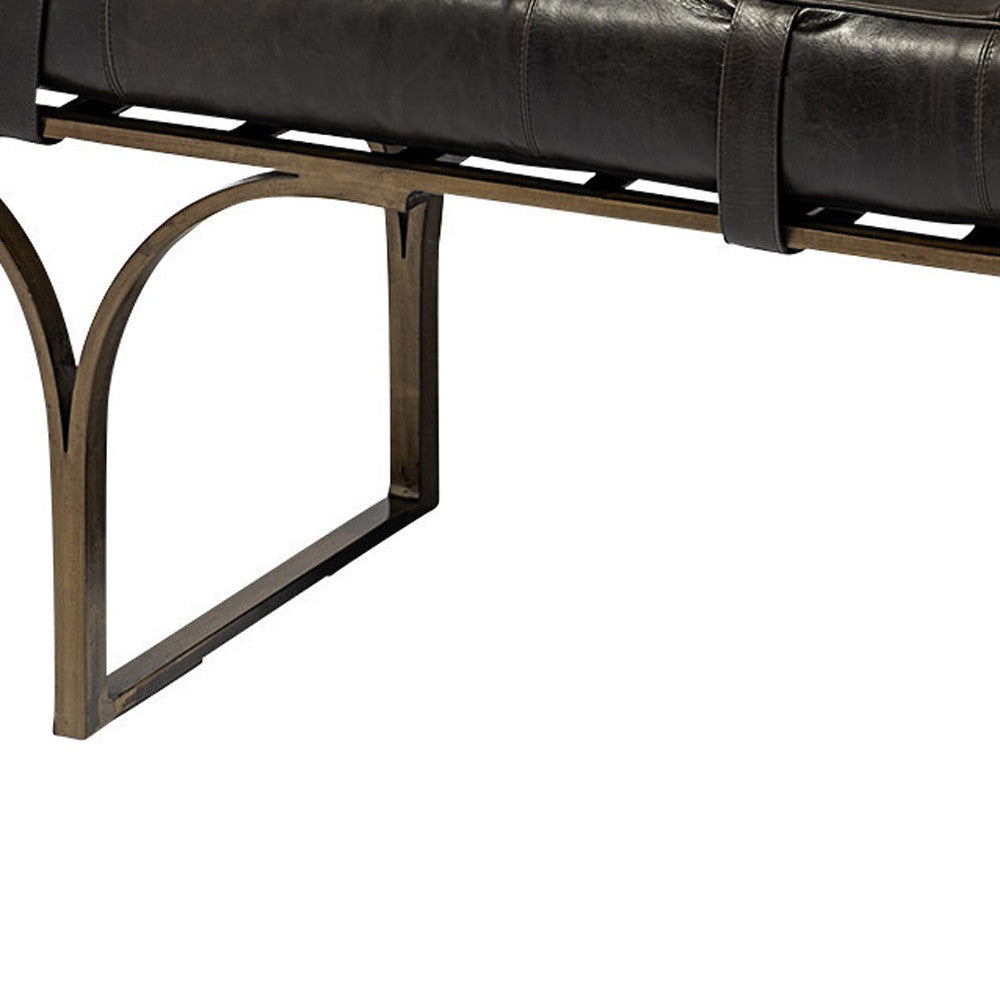 16" Black And Antiqued Brass Upholstered Genuine Leather Bench