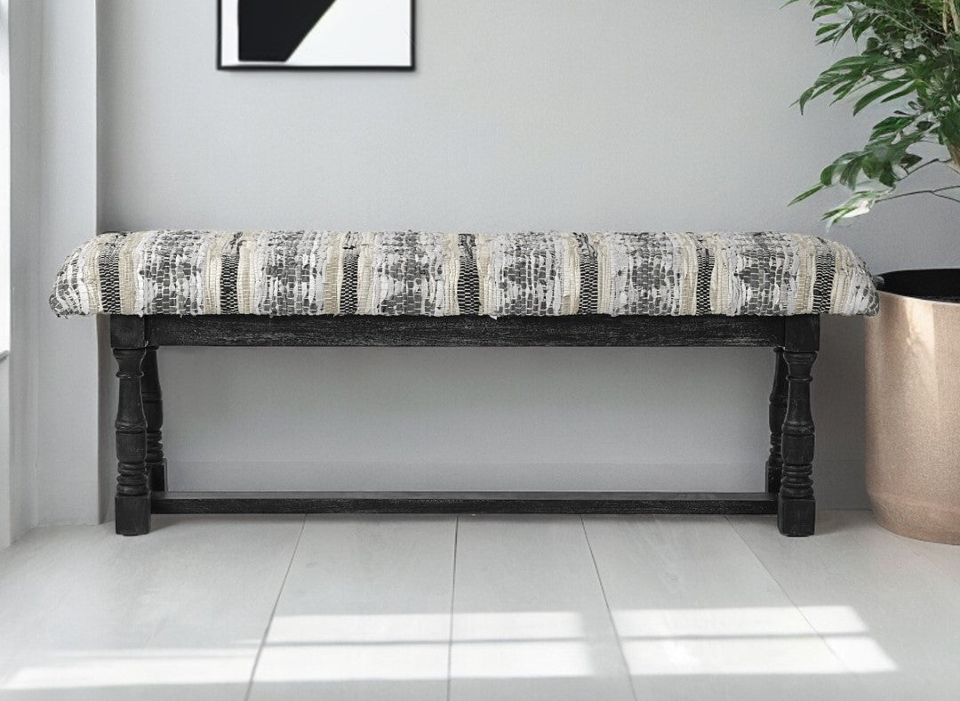 15" Off White and Black Upholstered Faux Leather Bench