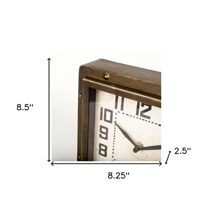 Square  Bronze Toned Metal Desk Table Clock With Traditional Black Numbers And Hands