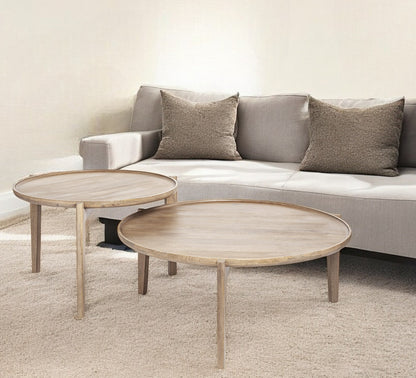 Set of Two 40" Brown Solid Wood Round Nested Coffee Tables