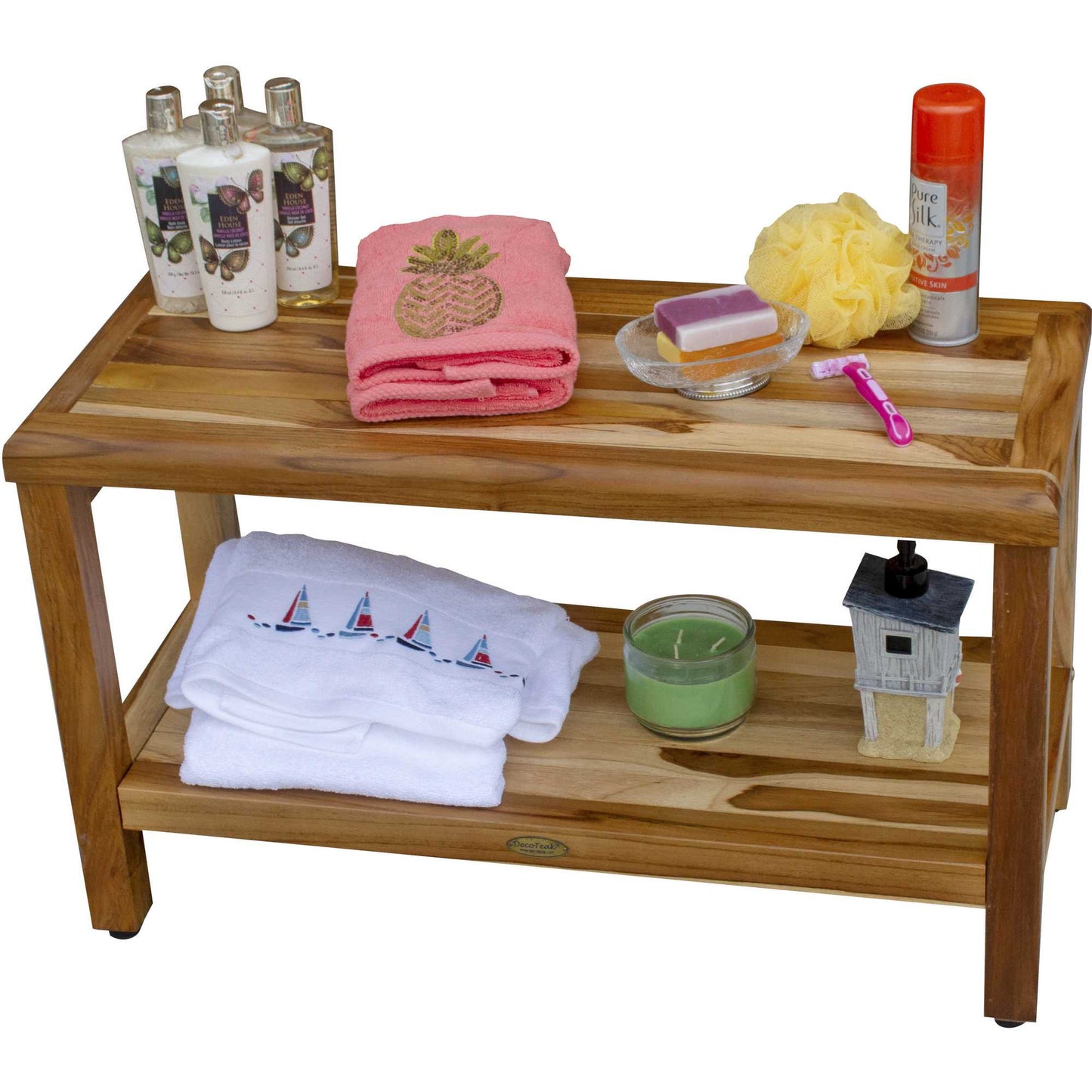 Rectangular Teak Shower Bench With Shelf In Natural Finish