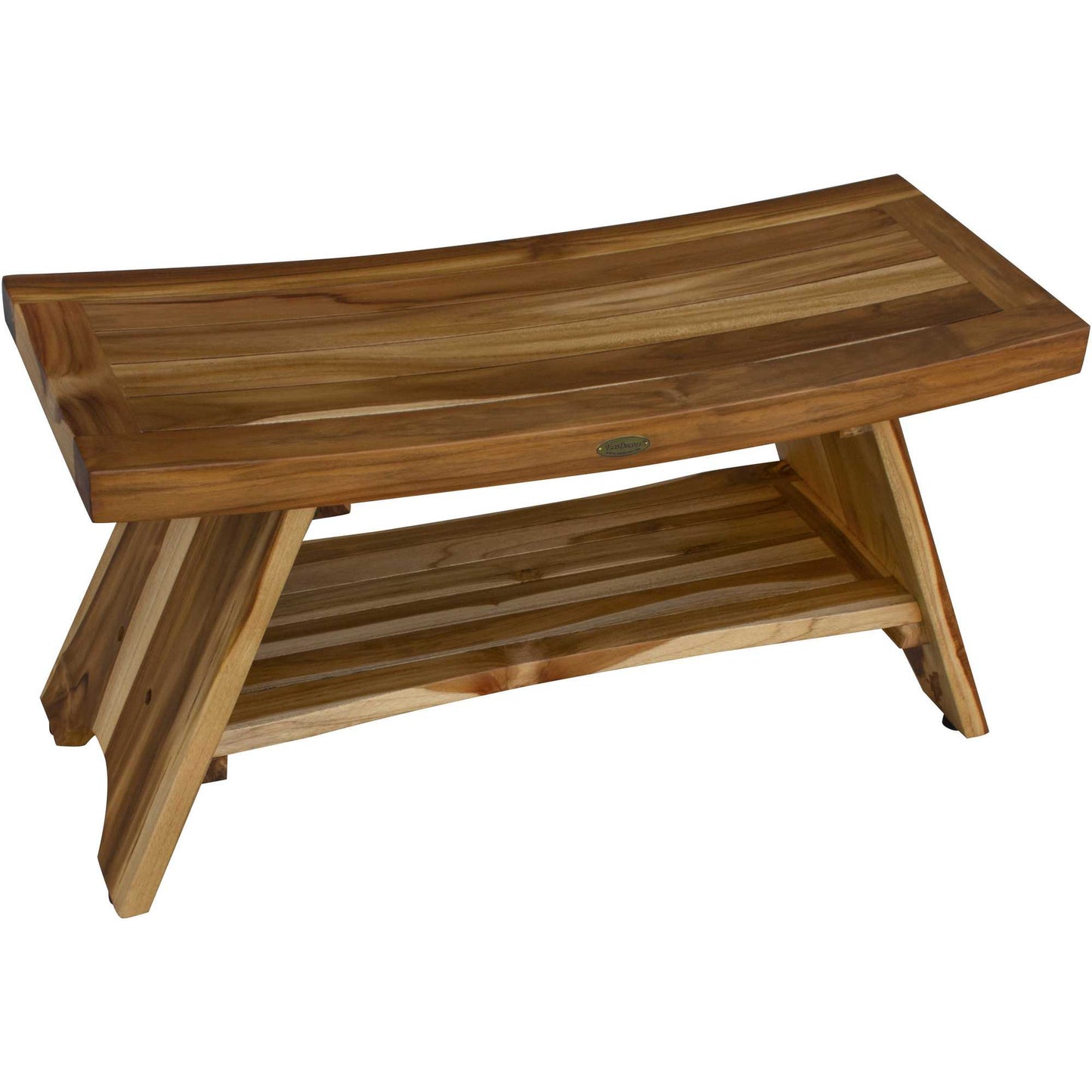 35" Teak Rectangular Shower Outdoor Bench With Shelf In Natural Finish