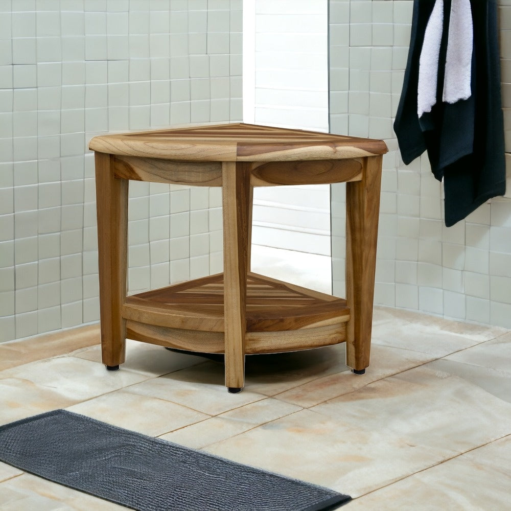 19" X 22" Natural Teak Corner Shower Bench With Shelf