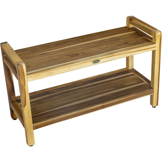 Rectangular Teak Shower Bench With Handles In Natural Finish