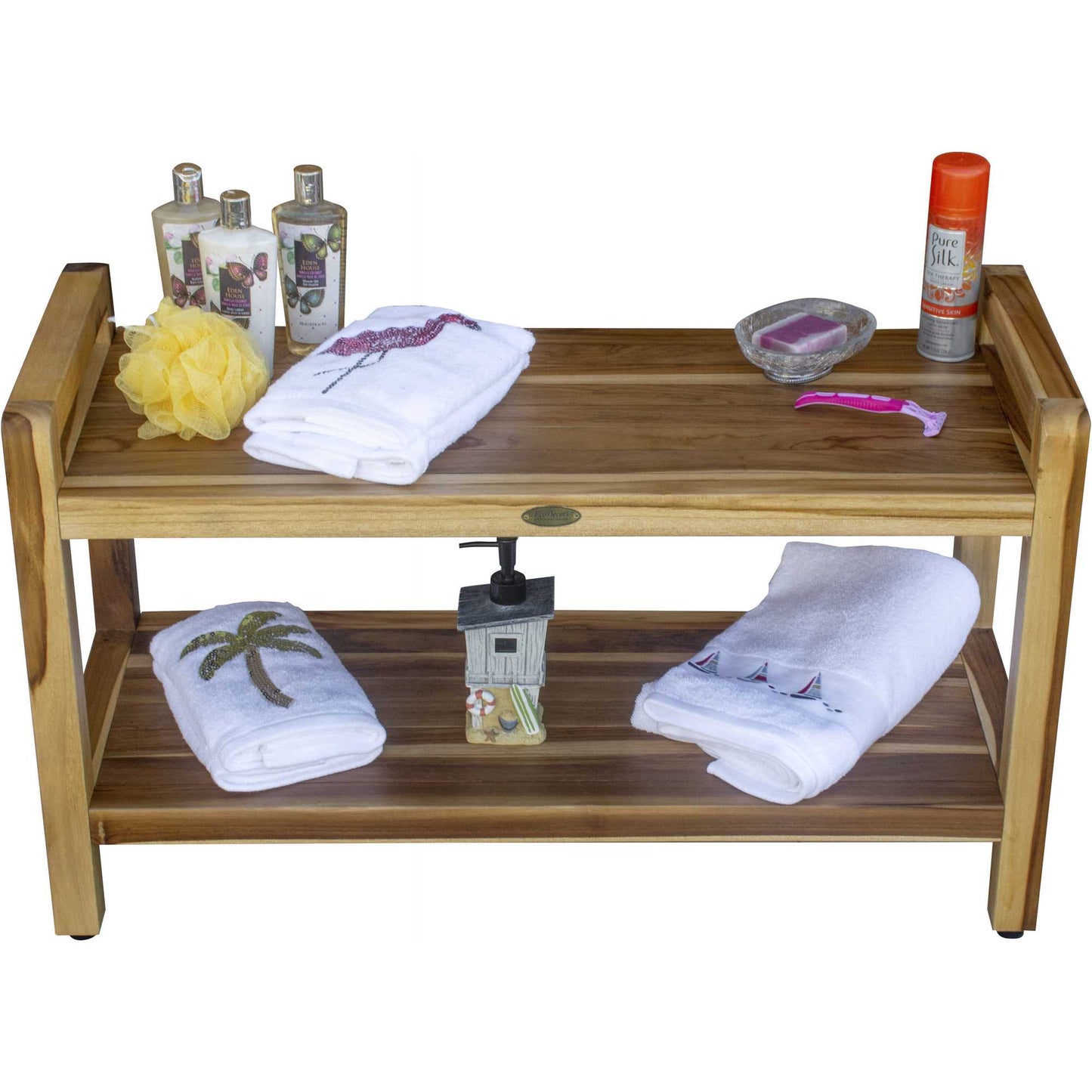 Rectangular Teak Shower Bench With Handles In Natural Finish