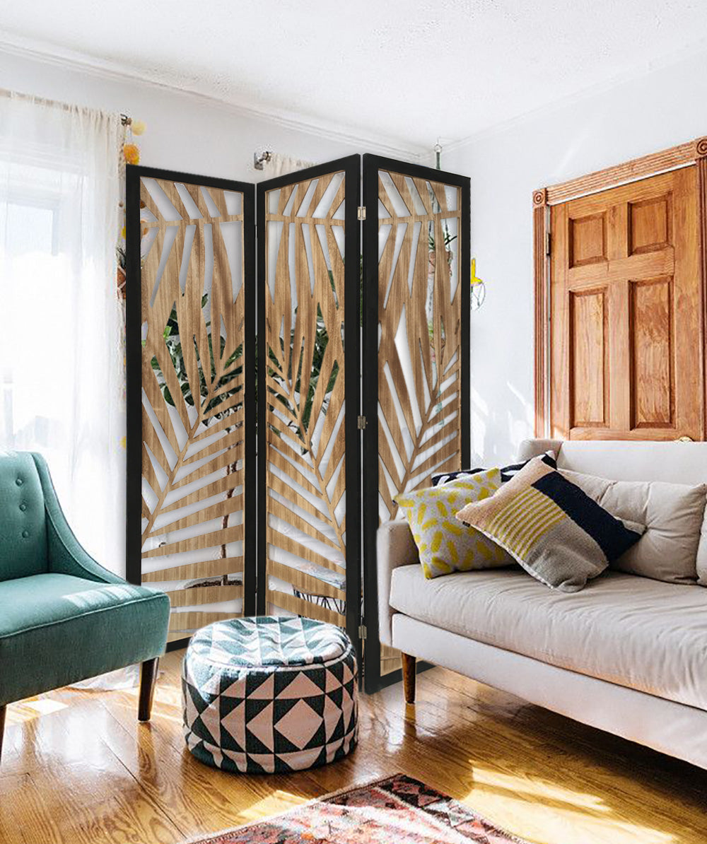 3 Panel Room Divider With Tropical Leaf Design