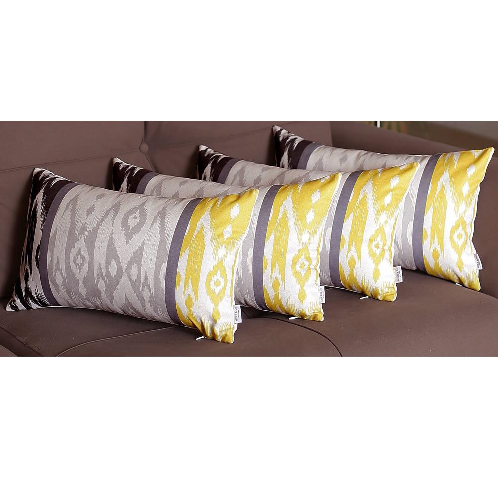 Set Of 4 Gray And Yellow Ikat Lumbar Pillow Covers