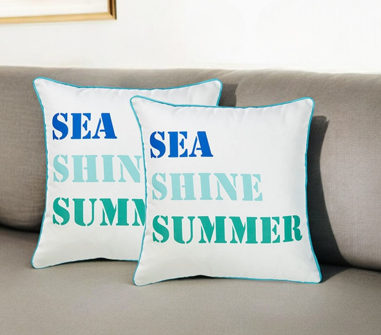 Set of Two White and Blue Sea Shine Summer Throw Pillow Covers