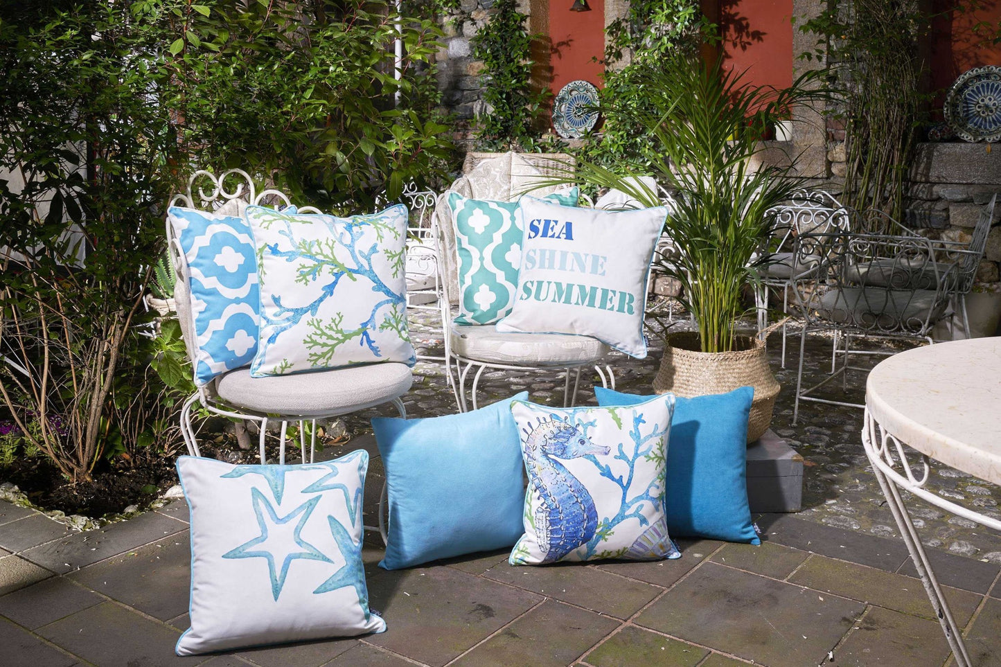 Set of Two White and Blue Sea Shine Summer Throw Pillow Covers