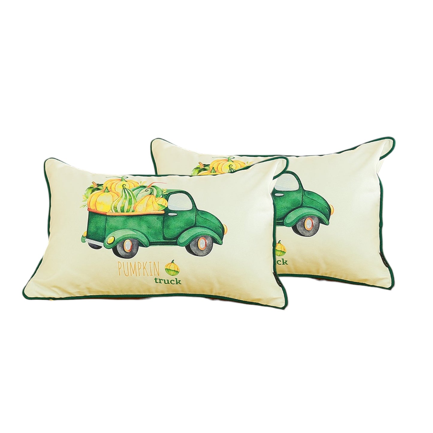 Set of Two 12" X 20" Green and White Pumpkin Truck Lumbar Throw Pillow Cover