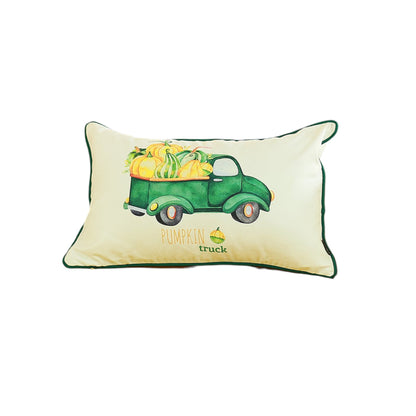 Set of Two 12" X 20" Green and White Pumpkin Truck Lumbar Throw Pillow Cover