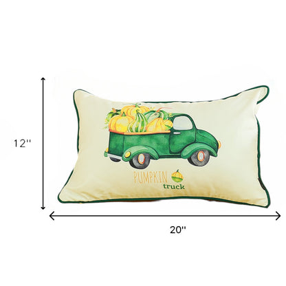 Set of Two 12" X 20" Green and White Pumpkin Truck Lumbar Throw Pillow Cover