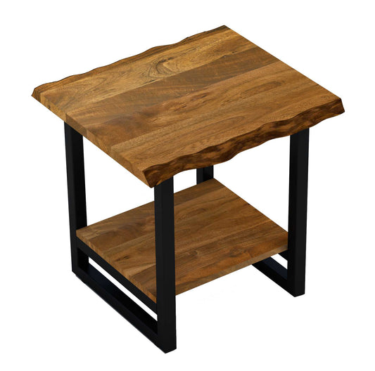 24" Black And Brown Solid Wood And Iron Square End Table With Shelf