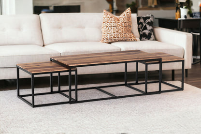 Set of Three 47" Natural And Black Solid Wood And Iron Coffee Table