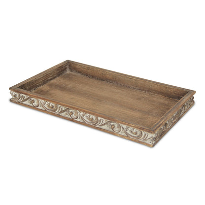 17" Brown Distressed Finish Wood Tray With Side Carvings