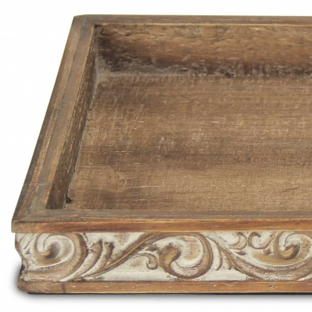 17" Brown Distressed Finish Wood Tray With Side Carvings