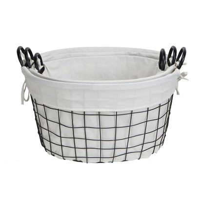 Set Of Three Black Oval Wire Baskets with White Fabric Liners and Handles