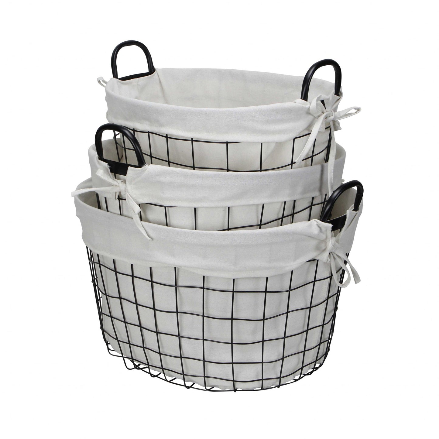 Set Of Three Black Oval Wire Baskets with White Fabric Liners and Handles