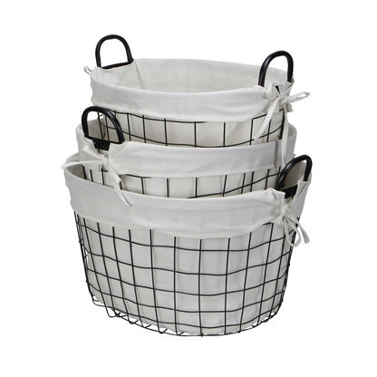 Set Of Three Black Oval Wire Baskets with White Fabric Liners and Handles