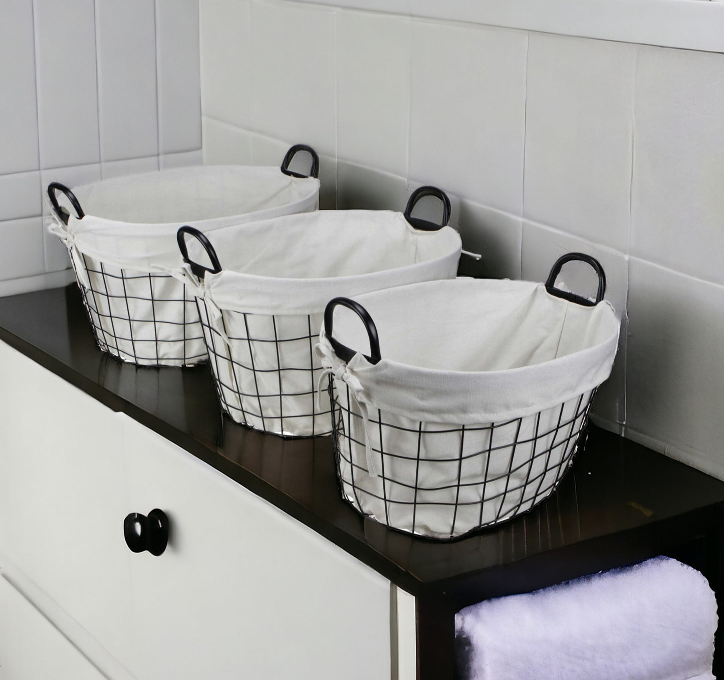 Set Of Three Black Oval Wire Baskets with White Fabric Liners and Handles