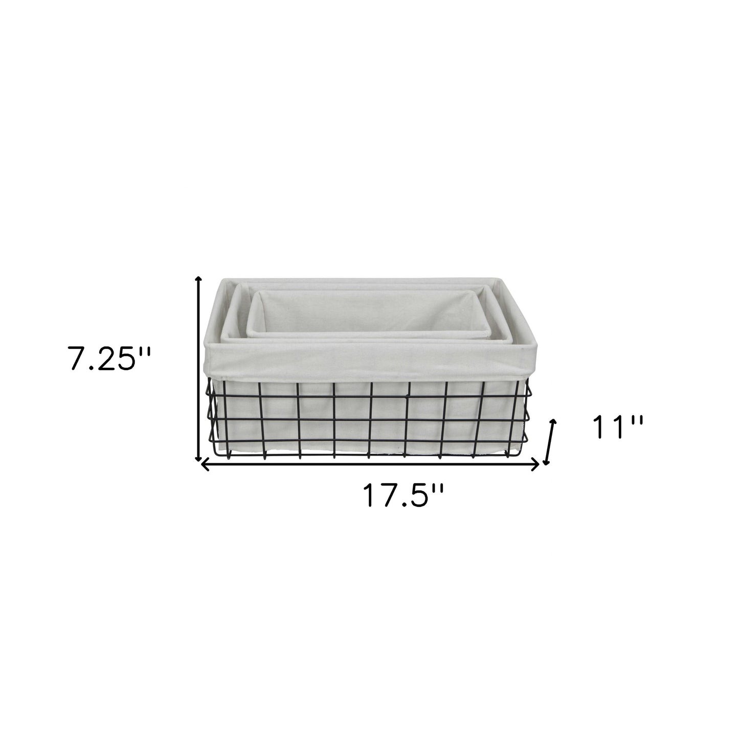 Set Of 3 Rectangular White Lined And Metal Wire Baskets