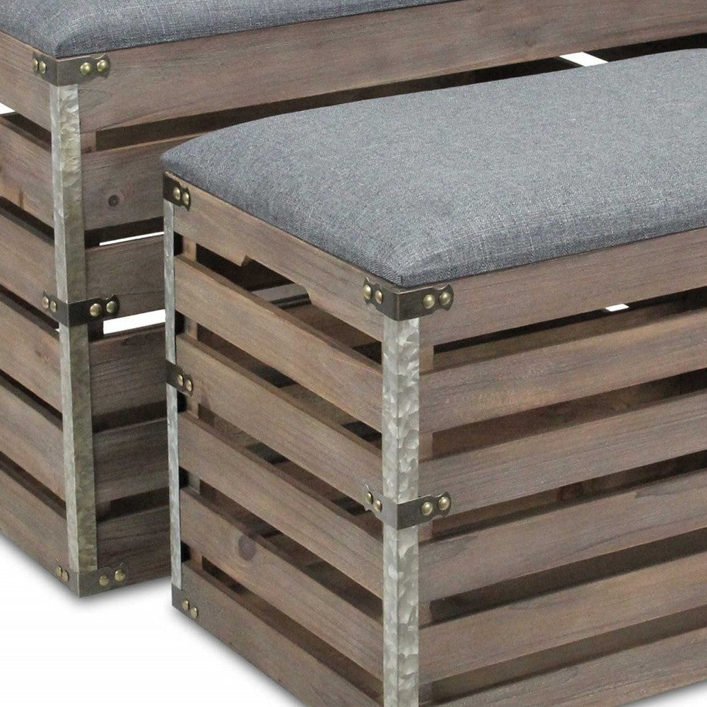 Set Of 2 Rectangular Gray Linen Fabric And Wood Slats Storage Benches