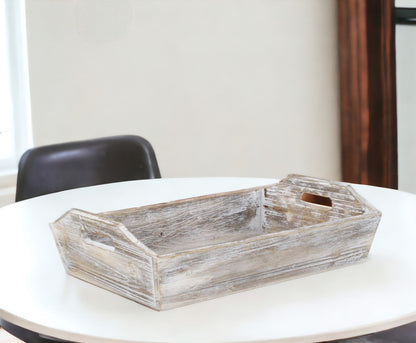 White Rustic Finish Wood Serving Tray With Handles