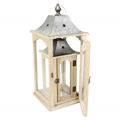 Set Of 2 Brown Wood Finished Frame Glass And Metal Top Lanterns