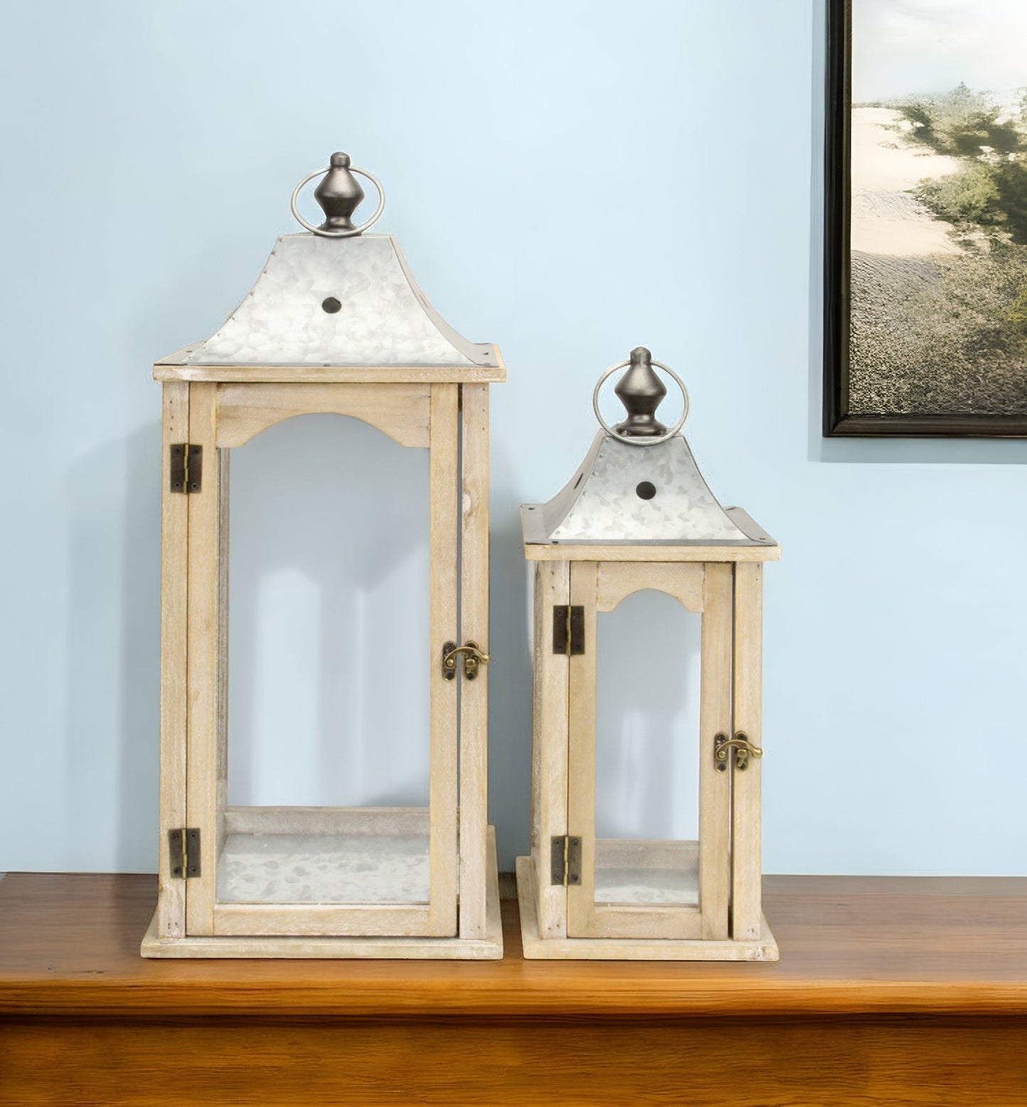 Set Of 2 Brown Wood Finished Frame Glass And Metal Top Lanterns