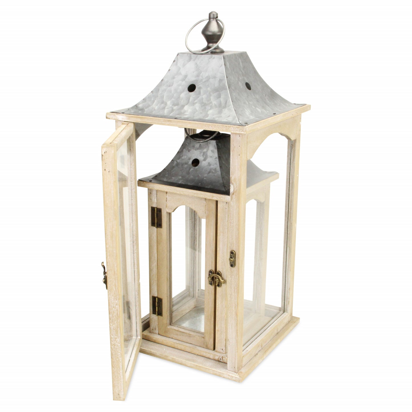 Set Of 2 Brown Wood Finished Frame Glass And Metal Top Lanterns