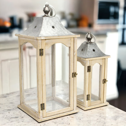 Set Of 2 Brown Wood Finished Frame Glass And Metal Top Lanterns