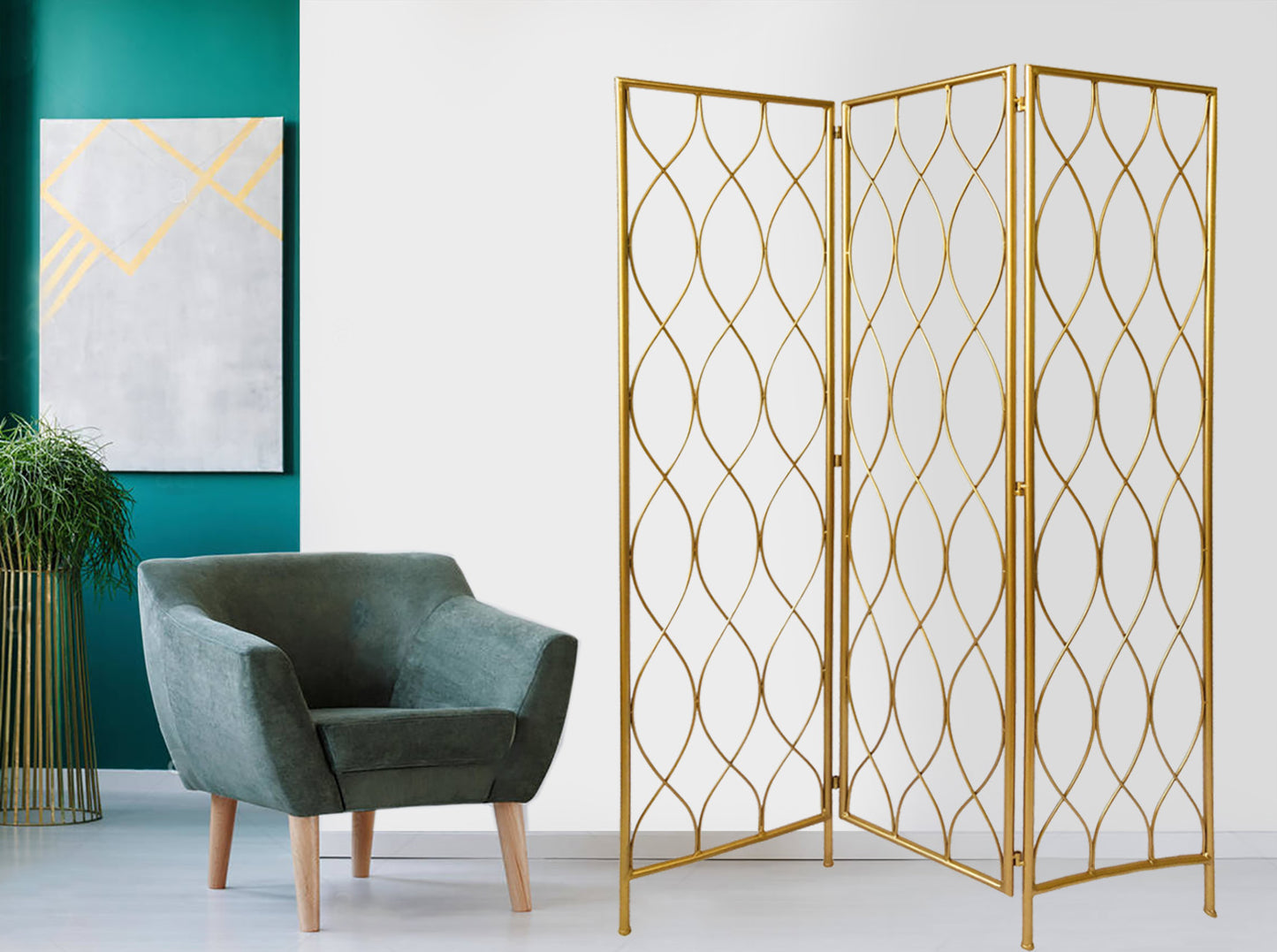 71" Gold Iron Folding Three Panel Screen Room Divider