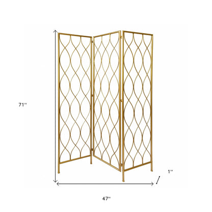 71" Gold Iron Folding Three Panel Screen Room Divider