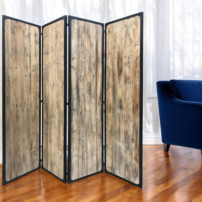 84" Brown Solid Wood Folding Four Panel Screen Room Divider