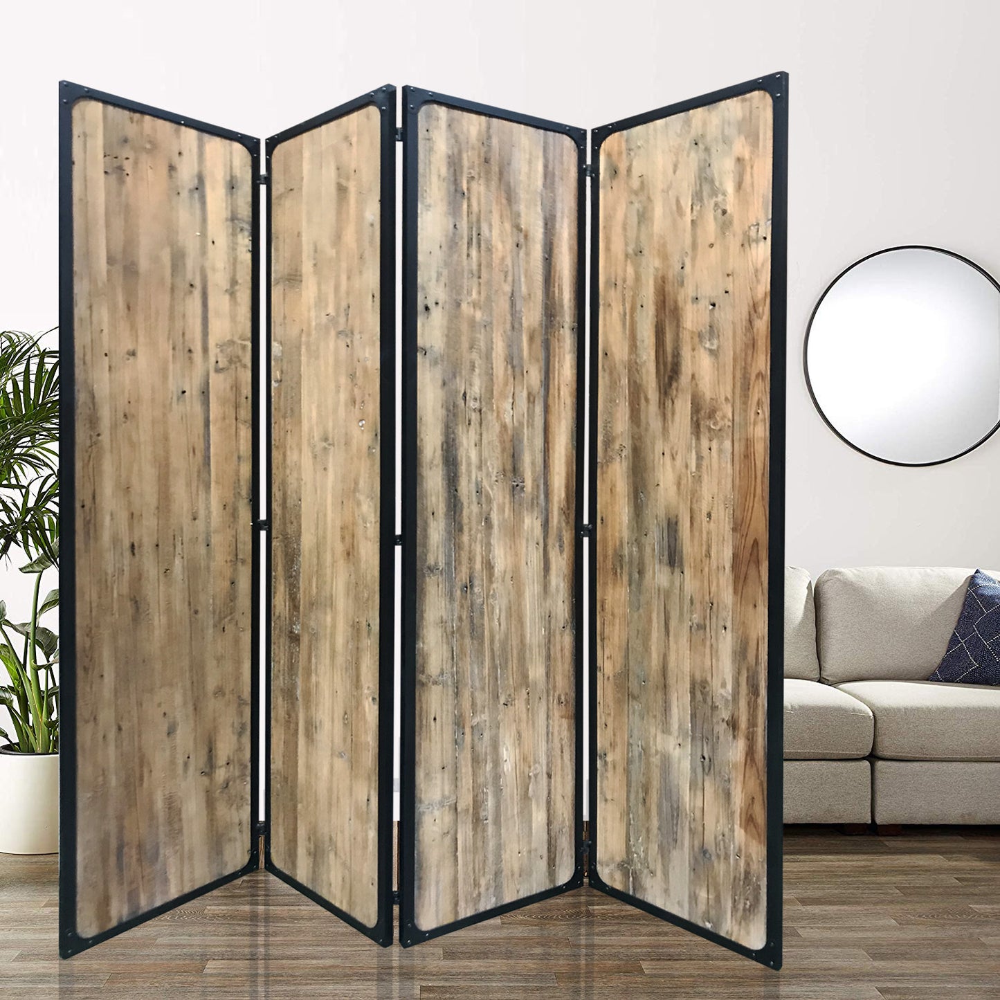 84" Brown Solid Wood Folding Four Panel Screen Room Divider