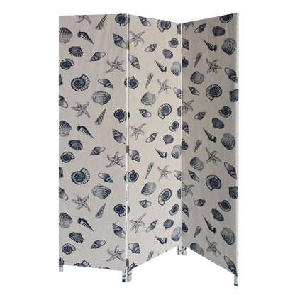 71" Blue and Beige Fabric Folding Three Panel Screen Room Divider