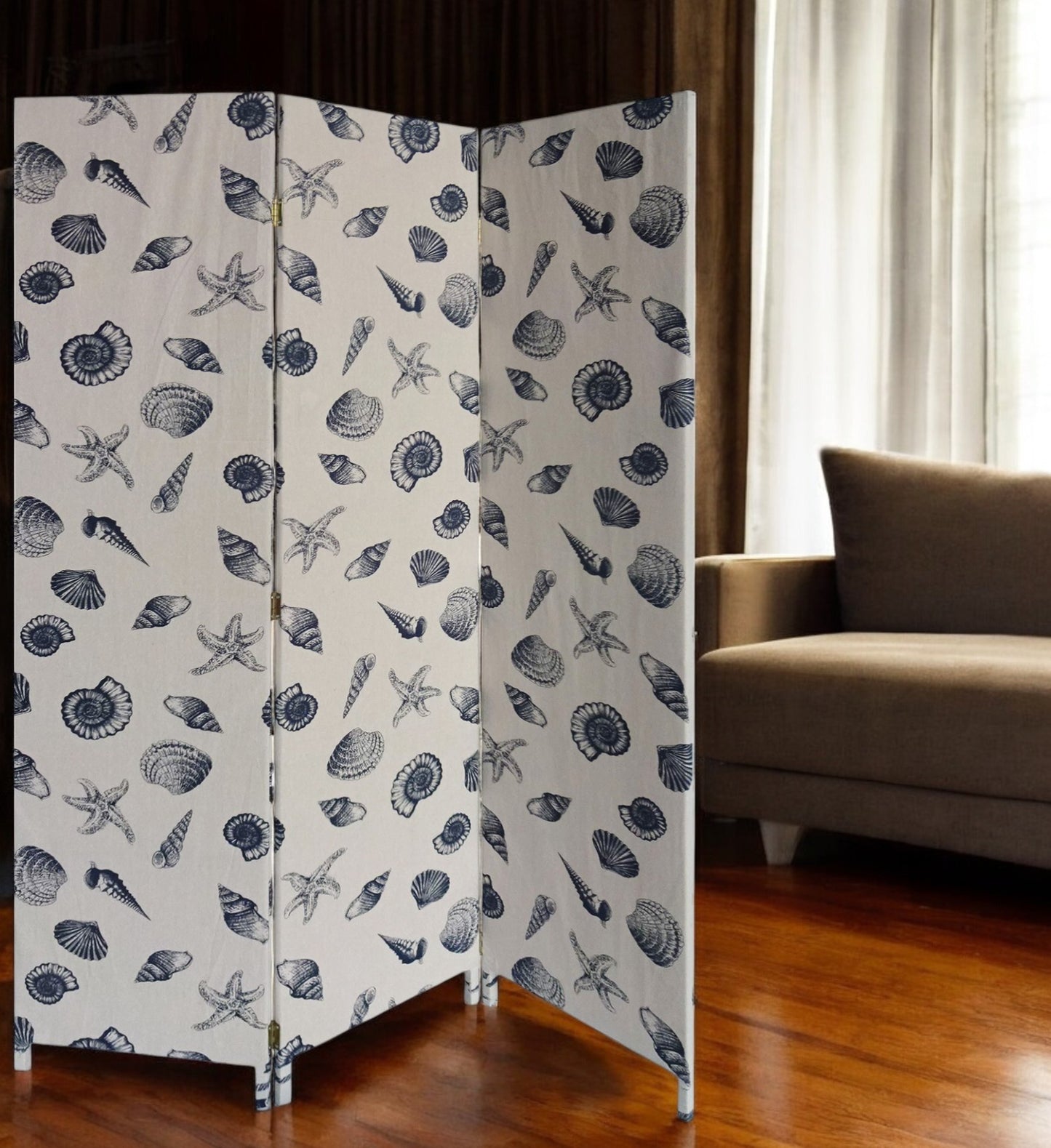 71" Blue and Beige Fabric Folding Three Panel Screen Room Divider