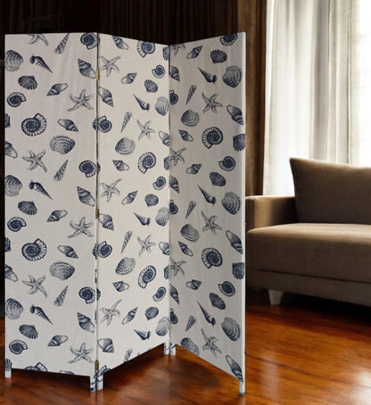 71" Blue and Beige Fabric Folding Three Panel Screen Room Divider