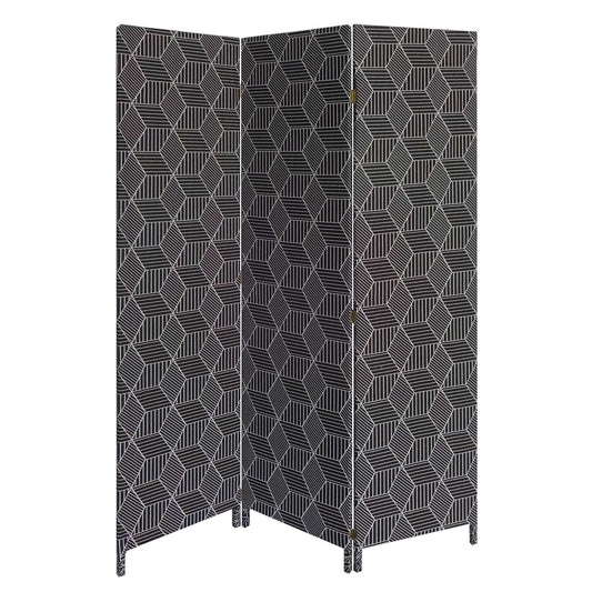 71" Black and White Fabric Folding Three Panel Screen Room Divider