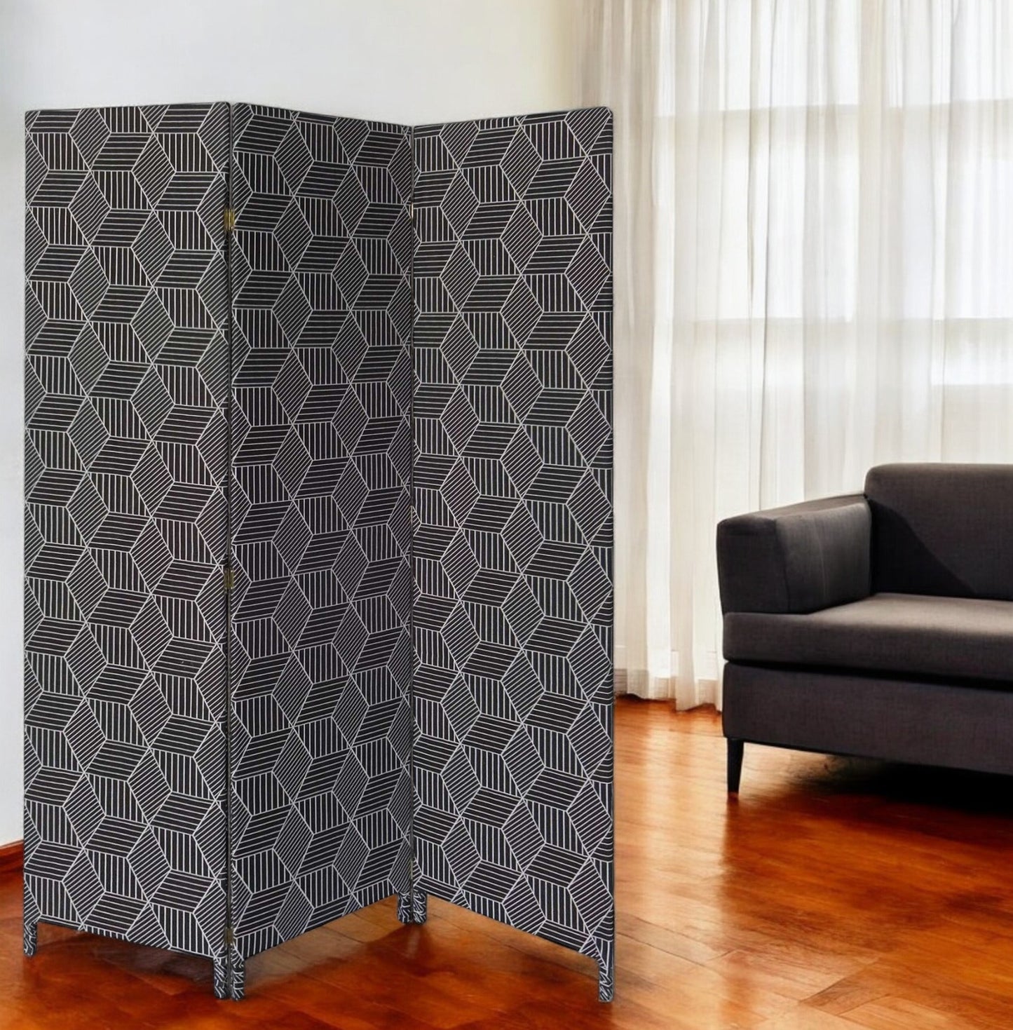 71" Black and White Fabric Folding Three Panel Screen Room Divider