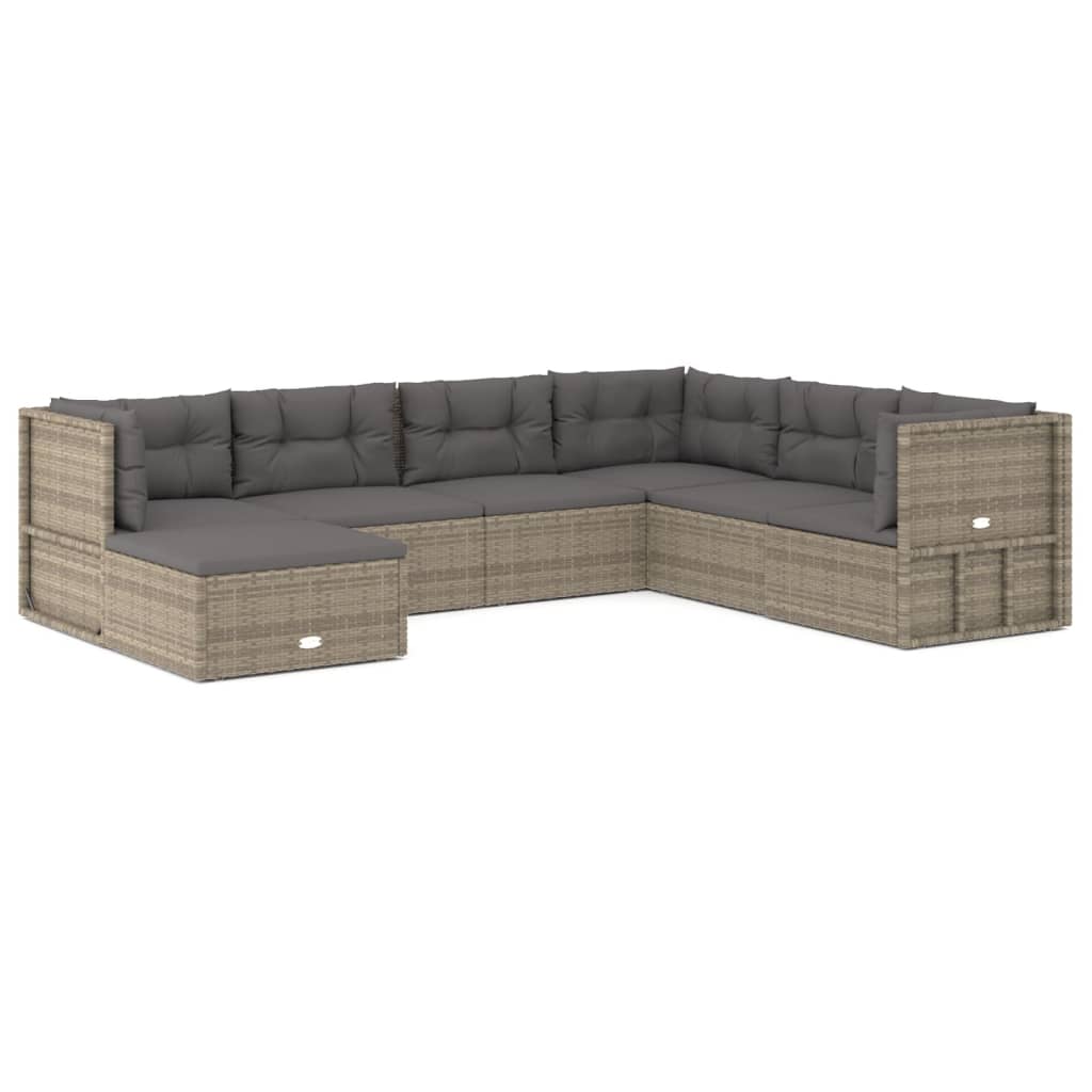 7 Piece Patio Lounge Set with Cushions Gray Poly Rattan