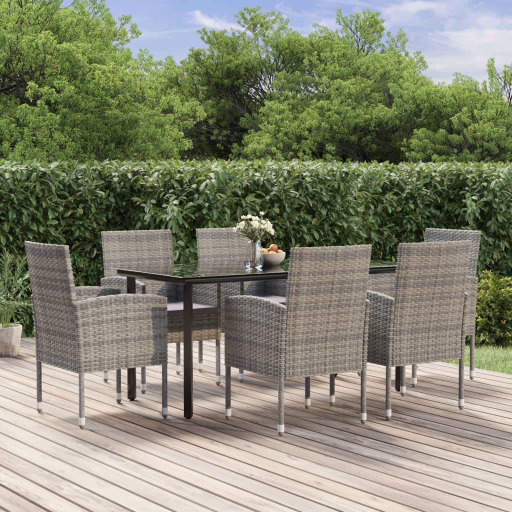 7 Piece Patio Dining Set with Cushions Black Poly Rattan