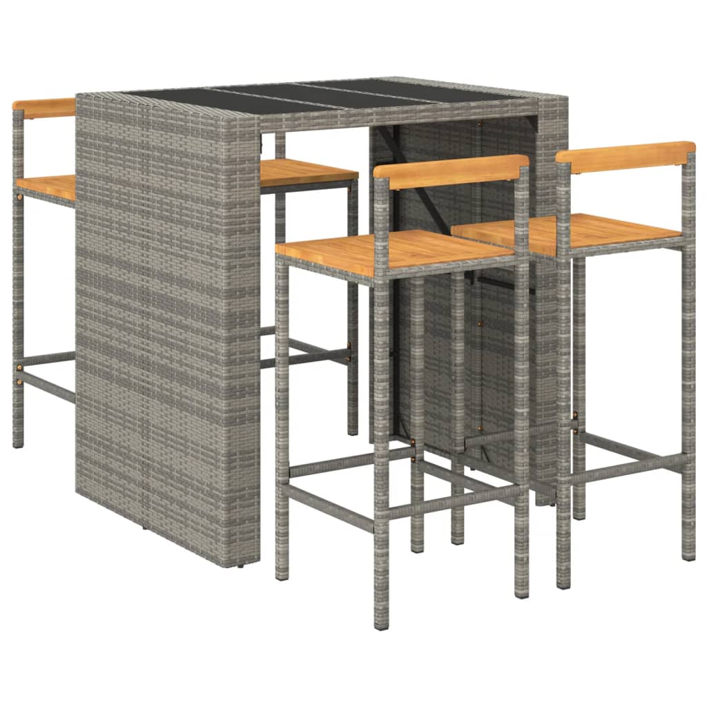 5 Piece Patio Bar Set Gray Poly Rattan& Solid Wood Acacia