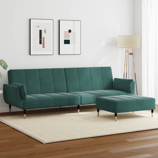 2-Seater Sofa Bed with Footstool Dark Green Velvet