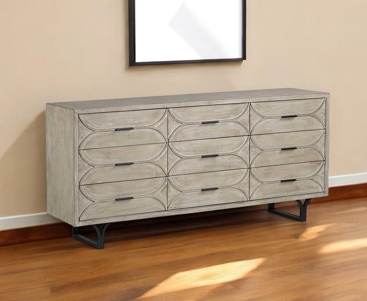 Light Brown And White Solid Mango Wood Finish Sideboard With 9 Drawers