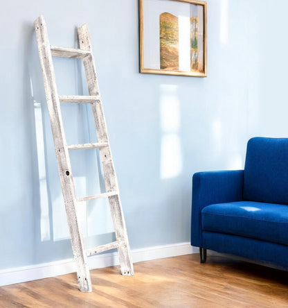 4 Step Rustic White Wood Ladder Shelf