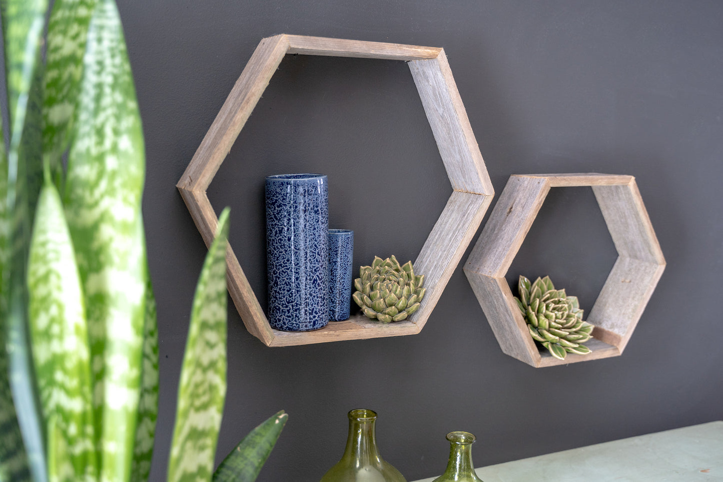 Set Of 3 Hexagon Rustic Natural Weathered Grey Wood Open Box Shelve